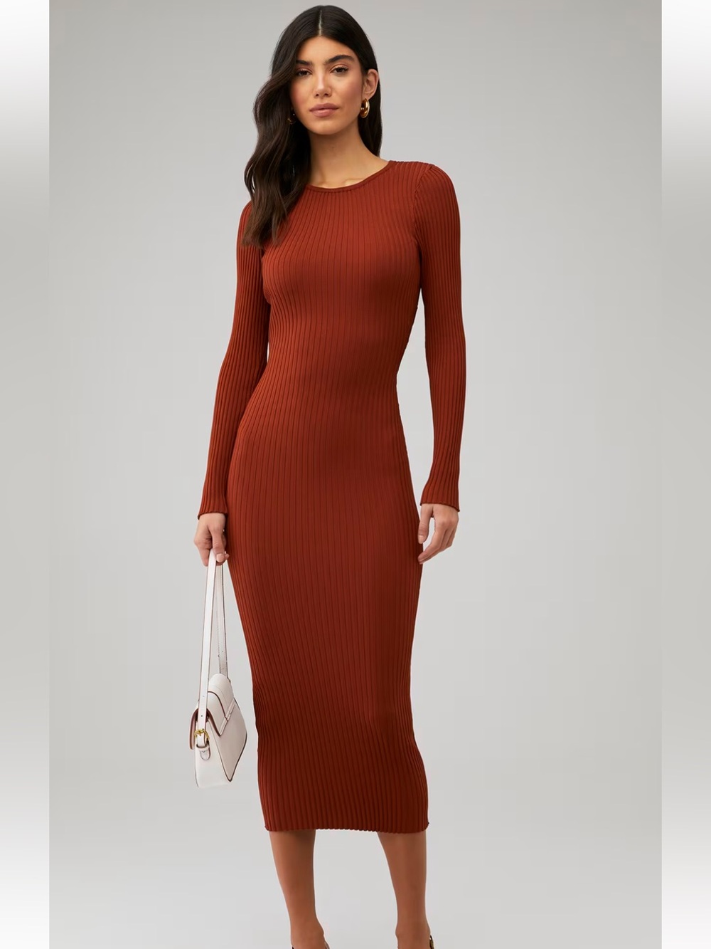 Nine West Ribbed Knit Soft Long Sleeve Bodycon Midi Dress Rust In Color Size M